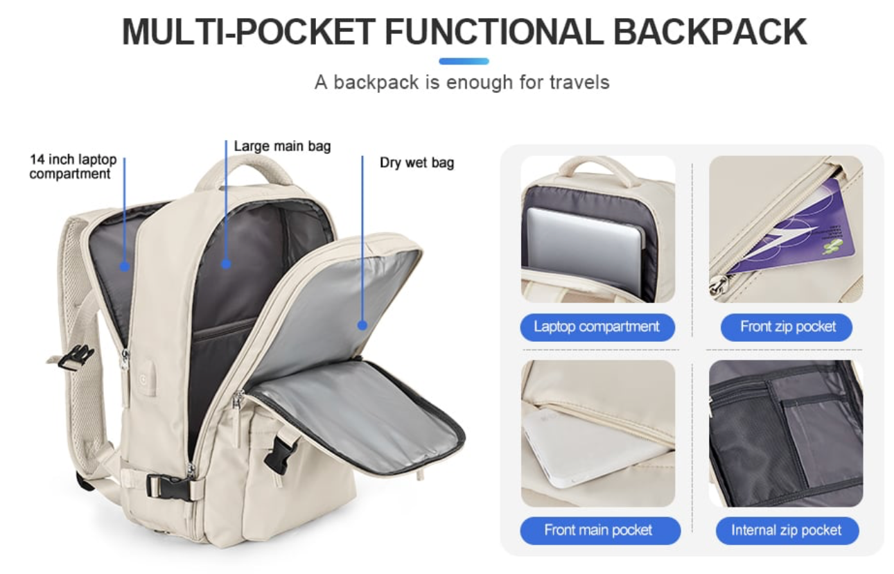 Expanding Travel Backpack With Multifunctional USB Charging